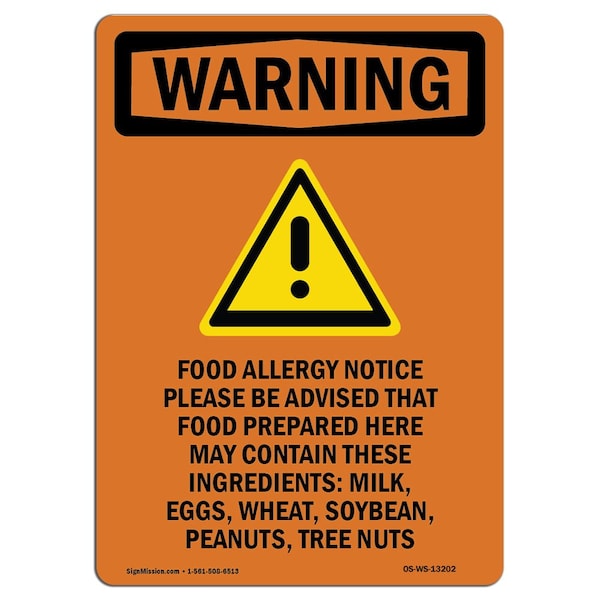 OSHA WARNING Sign, Food Allergy Notice W/ Symbol, 14in X 10in Aluminum, 10" W, 14" L, Portrait